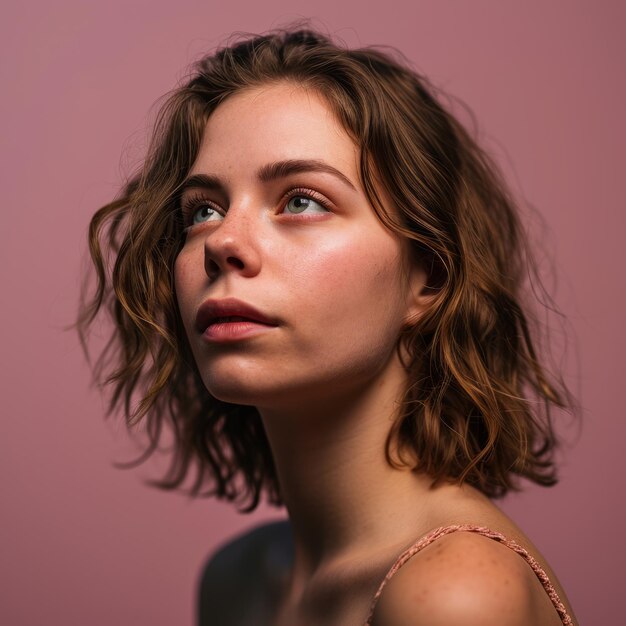 Portrait of a beautiful young woman on a pink background