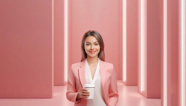 Photo portrait of a beautiful young woman in a pink suit with a cup of coffee