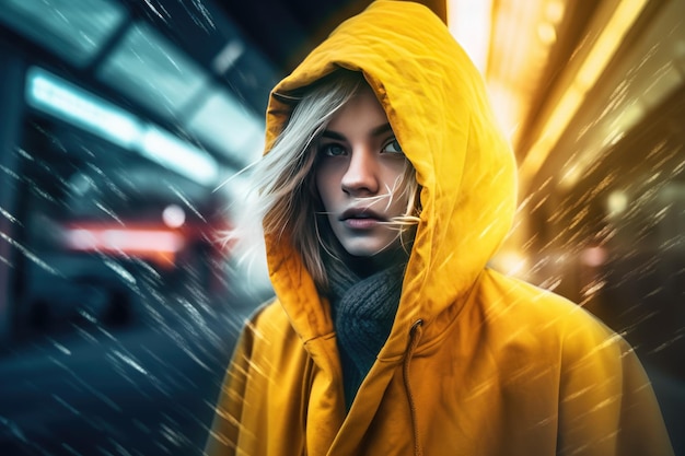 Portrait of a beautiful young woman in a raincoat Generated AI