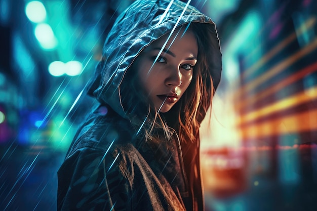 Portrait of a beautiful young woman in a raincoat Generated AI