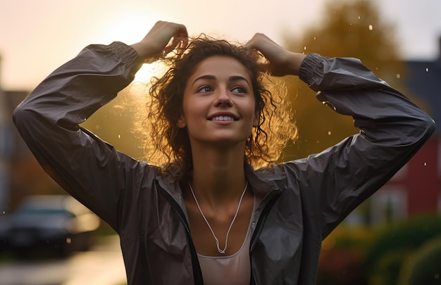 Photo portrait of a beautiful young woman in a raincoat at sunset