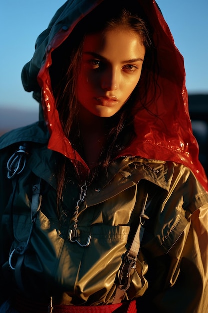 Portrait of a beautiful young woman in a raincoat with hood