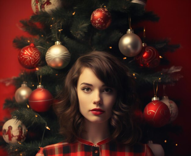 Portrait of beautiful young woman in red plaid shirt with christmas tree