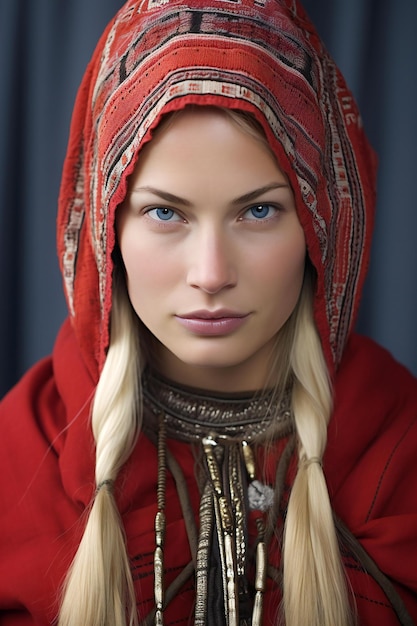 Portrait of a beautiful young woman in a red shawl