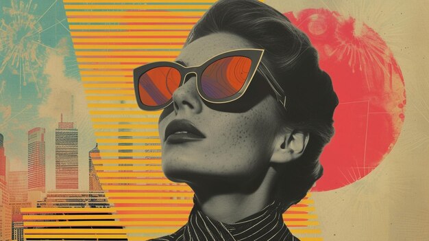 Photo portrait of a beautiful young woman in retro style with sunglasses handmade contemporary retro collage concept