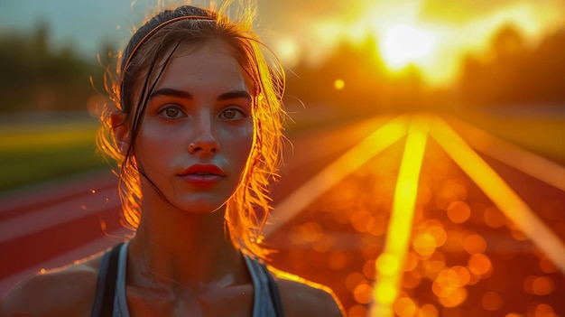 Portrait of a beautiful young woman running on the road at sunset