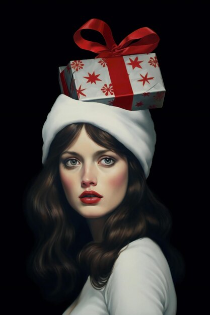 Portrait of a beautiful young woman in Santa Claus hat with a gift box