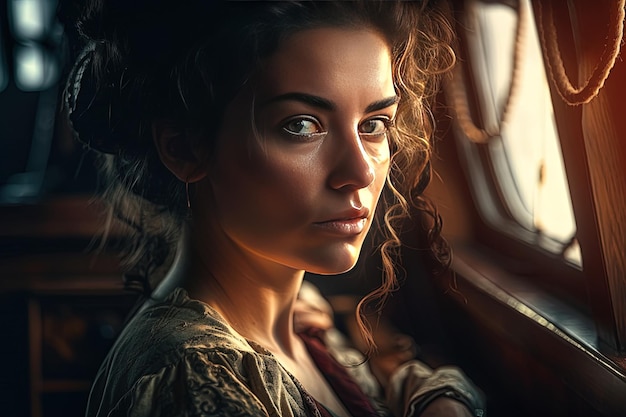 Portrait of a beautiful young woman in a ship vintage interior