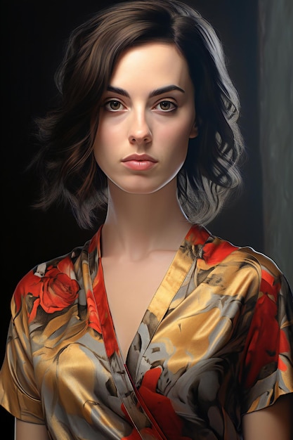 실크 드레스 스튜디오 샷에서 아름 다운 젊은 여자의 초상화