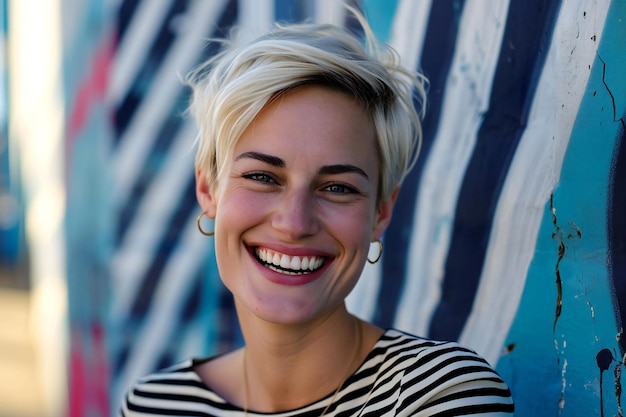 Photo portrait of a beautiful young woman smiling against a graffiti wall