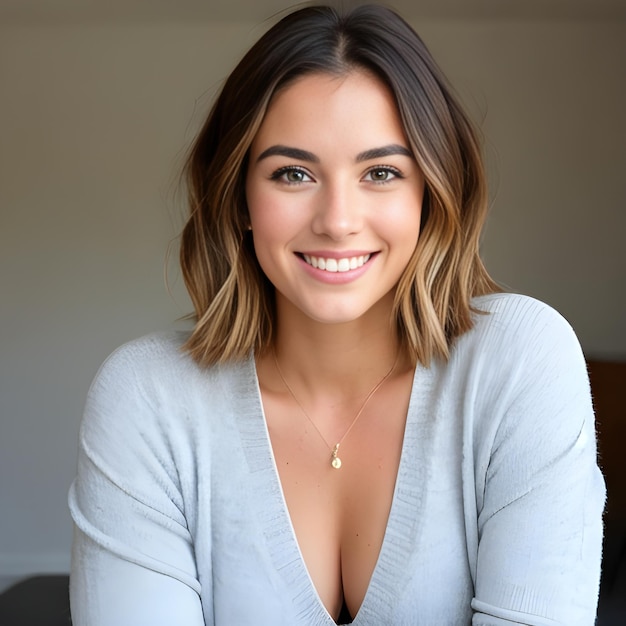 Photo portrait of a beautiful young woman smiling at the camera while sitting at home