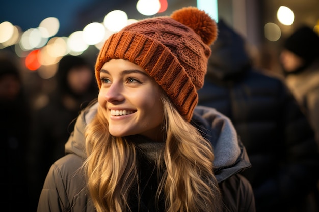portrait of a beautiful young woman smiling in the city at night