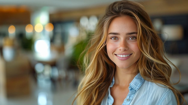 Photo portrait of beautiful young woman smiling and looking at camera in cafe