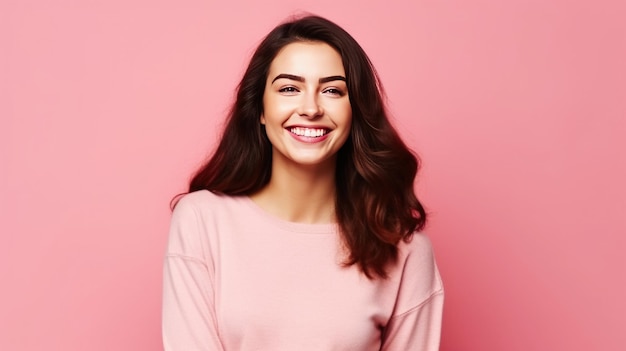 Portrait of a beautiful young woman smiling on a pink background Generative AI