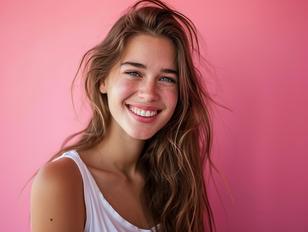 Foto ritratto di una bella giovane donna che sorride su uno sfondo rosa