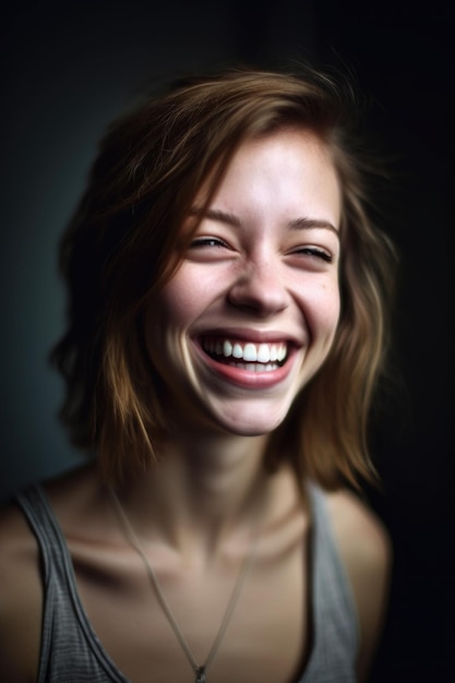 Portrait of a beautiful young woman smiling playfully created with generative ai