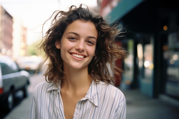 portrait of a beautiful young woman smiling on the street in new york city