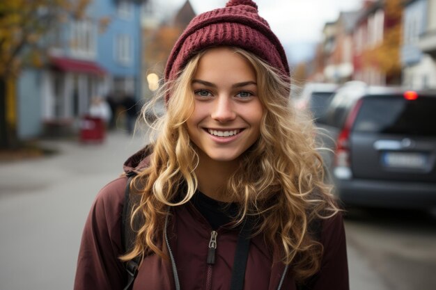 portrait of a beautiful young woman smiling in the street