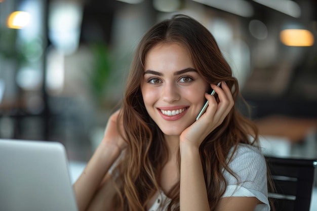 사무실에서 노트북으로 일하고 휴대전화로 대화하는 동안 미소 짓는 아름다운 젊은 여성의 초상화 비즈니스 우먼 컨셉