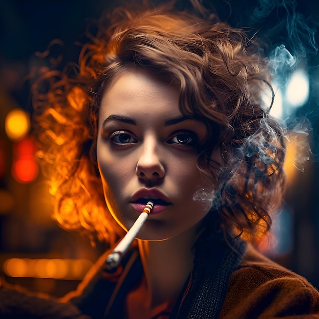 Portrait of a beautiful young woman smoking a cigarette on a dark background