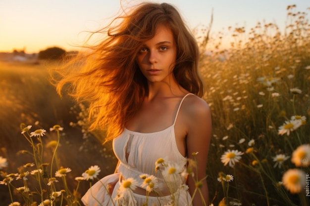 Portrait of a beautiful young woman standing in a field of daisies