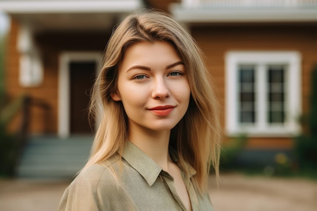 Portrait of a beautiful young woman standing in front of her new home created with generative ai