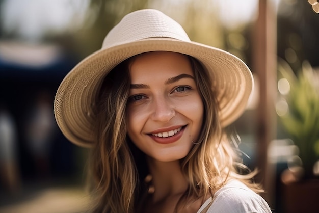 フィールドの麦わら帽子をかぶった美しい若い女性のポートレート生成 AI