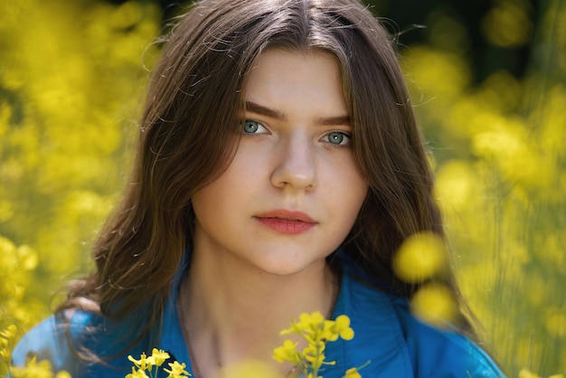 Portrait of a beautiful young woman surrounded by canola flowers