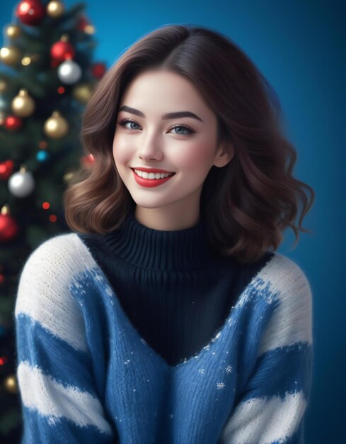 Portrait of beautiful young woman in sweater with christmas tree on blue background