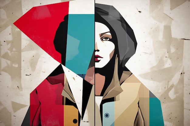 Portrait of a beautiful young woman in trench coat art collage