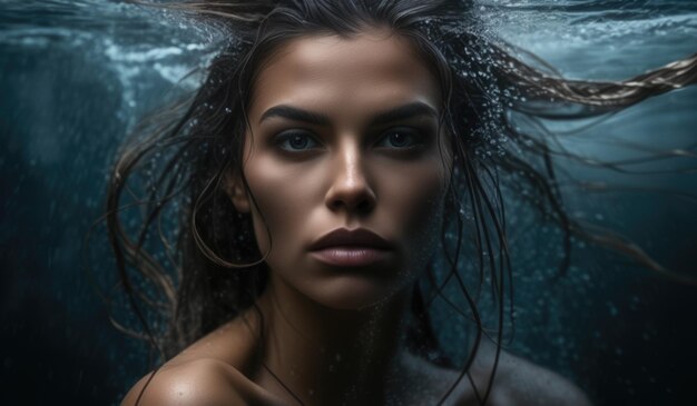 Ritratto di una bella giovane donna sott'acqua in primo piano generato dall'ai