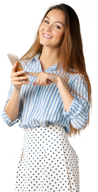 Portrait of Beautiful Young  woman using mobile phone isolated on white 