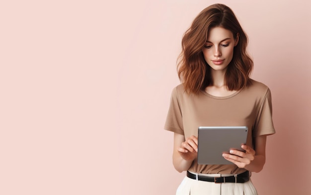 Portrait of a beautiful young woman using smart tablet pad for online shopping education learning