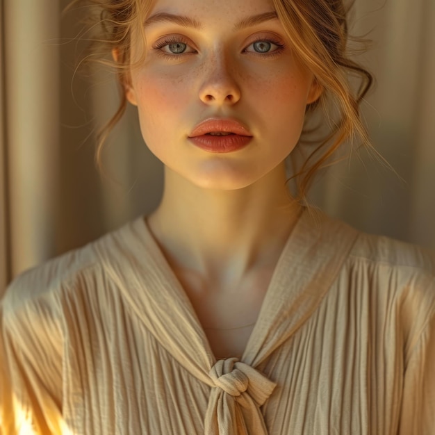 portrait of a beautiful young woman wearing beige blouse