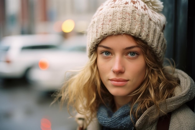 portrait of a beautiful young woman wearing a knitted hat in the city