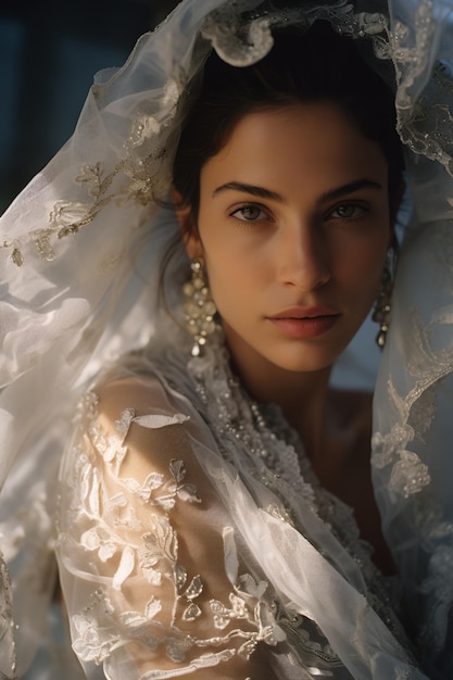 웨딩 드레스 를 입은 아름다운 젊은 여성 의 초상화