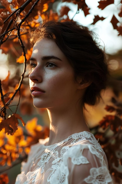 Portrait of a beautiful young woman in a white dress in the autumn forest