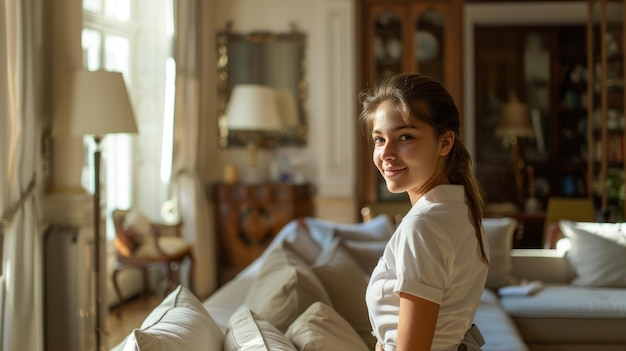 Photo portrait of a beautiful young woman in a white dress sitting on a sofa in a luxurious living room