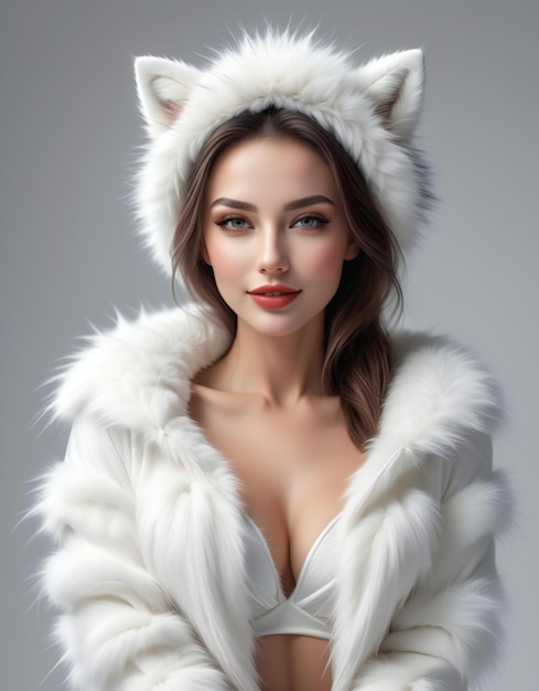 Portrait of a beautiful young woman in a white fur coat