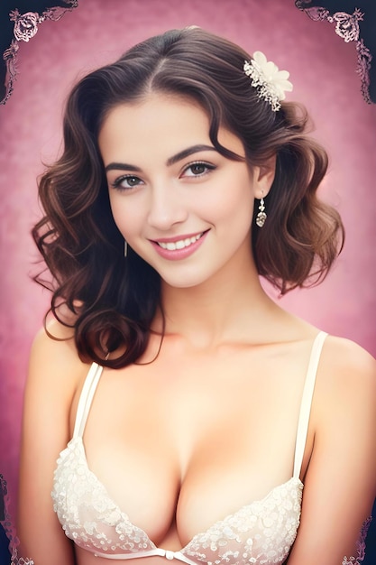 Portrait of a beautiful young woman in white lingerie on a pink background