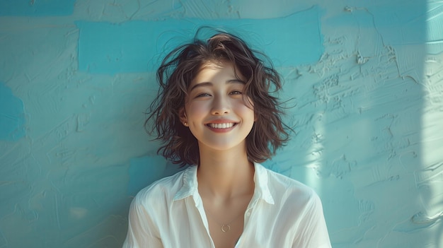 Portrait of a beautiful young woman in white shirt on a blue background