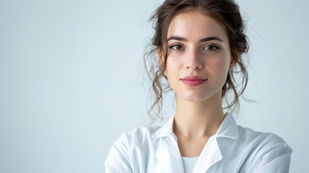 Portrait of a beautiful young woman in a white shirt on a gray background