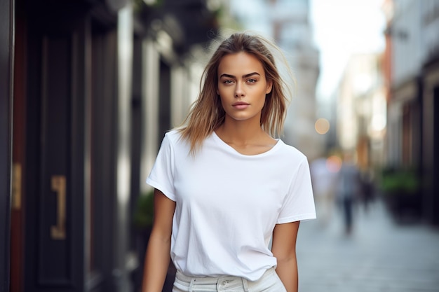 Portrait of a beautiful young woman in a white Tshirt on the street