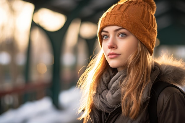 portrait of a beautiful young woman in a winter hat in the city at night