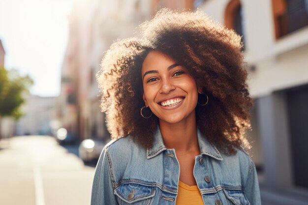 Portrait of a beautiful young woman with afro hairstyle smiling outdoors