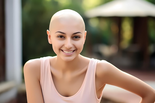 흐린 배경에 대머리 헤어스타일을 가진 아름다운 젊은 여성의 초상화 유방암 인식
