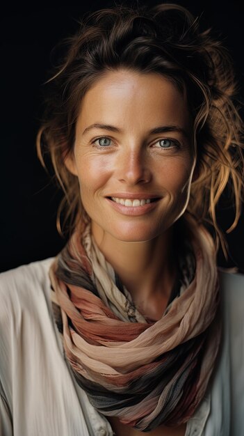 Foto ritratto di una bella giovane donna con un bel sorriso occhi blu sorprendenti e uno sguardo affascinante