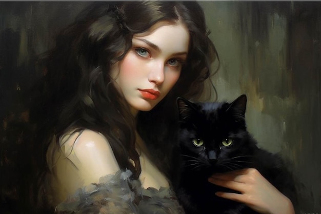 Portrait of a beautiful young woman with black cat on a gray background