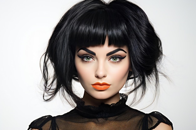 Portrait of beautiful young woman with black hair and bright makeup