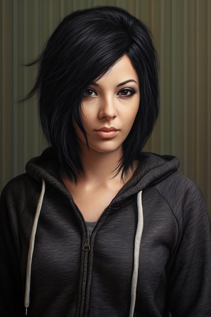 Портрет красивой молодой женщины с черными волосами в толстовке с капюшоном